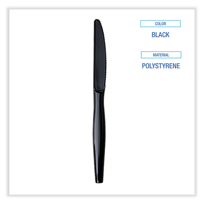Heavyweight Wrapped Polystyrene Cutlery, Knife, Plastic, Black, 1,000/Carton