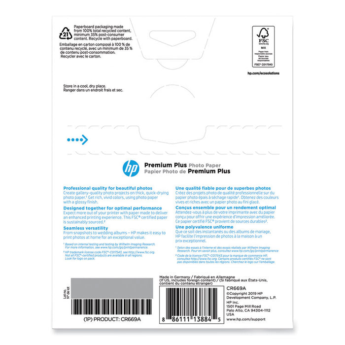 Premium Plus Photo Paper, 11.5 mil, 5 x 7, Glossy White, 60/Pack