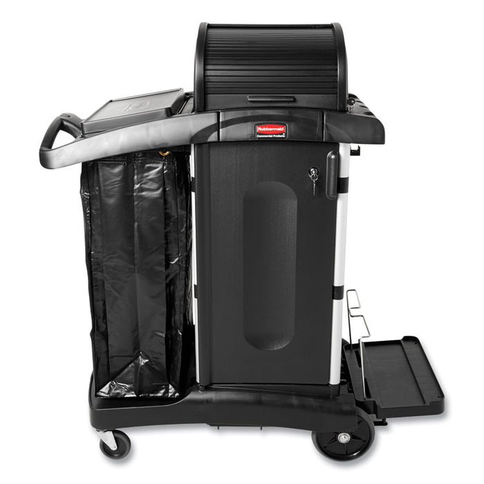 Executive High Security Janitorial Cleaning Cart, Plastic, 4 Shelves, 1 Bin, 23.1" x 39.6" x 27.5", Black