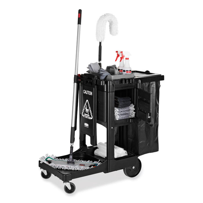 Executive Janitorial Cleaning Cart, Plastic, 4 Shelves, 1 Bin, 21.75" x 46" x 38.38", Black