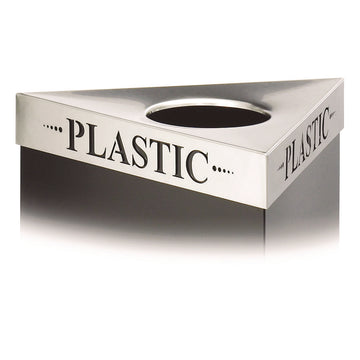 Triangular Lid for Trifecta Receptacle, Laser Cut "PLASTIC" Inscription, 20w x 20d x 3h, Stainless Steel