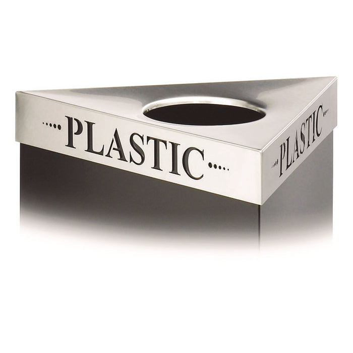 Triangular Lid for Trifecta Receptacle, Laser Cut "PLASTIC" Inscription, 20w x 20d x 3h, Stainless Steel