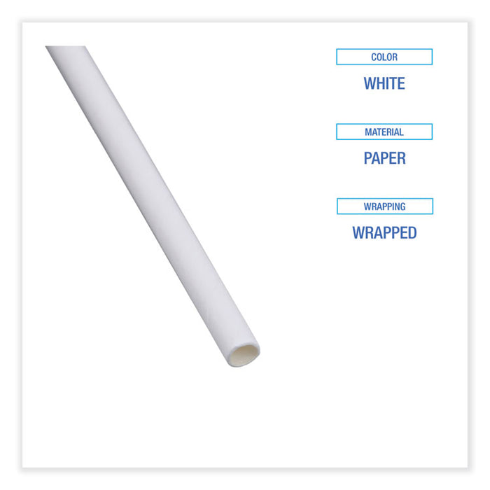 Individually Wrapped Paper Straws, 7.75 x 0.25, White, 3,200/Carton