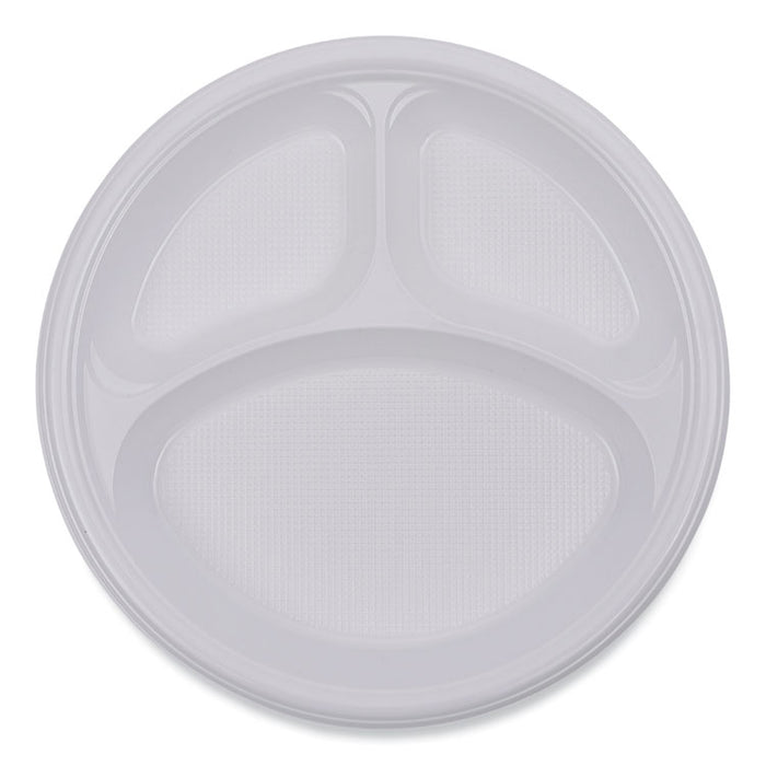 Hi-Impact Plastic Dinnerware, 3-Compartment Plate, 10" dia, White, 500/Carton