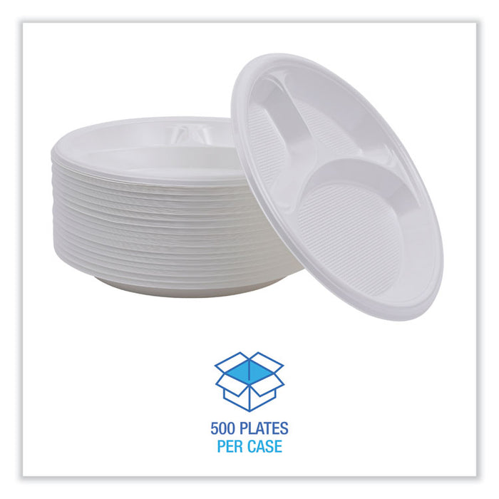 Hi-Impact Plastic Dinnerware, 3-Compartment Plate, 10" dia, White, 500/Carton
