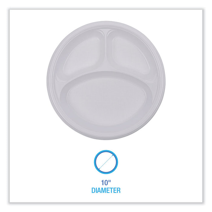 Hi-Impact Plastic Dinnerware, 3-Compartment Plate, 10" dia, White, 500/Carton