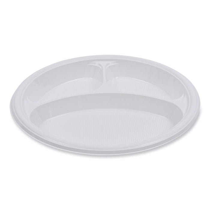 Hi-Impact Plastic Dinnerware, 3-Compartment Plate, 10" dia, White, 500/Carton