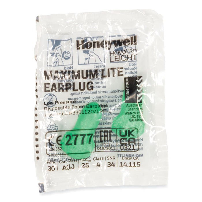 MAXIMUM Lite Single-Use Earplugs, Leight Source 500 Refill, 30 dB NRR, One Size Fits Most, Green Bell/T-Shaped Plugs, 500/Box
