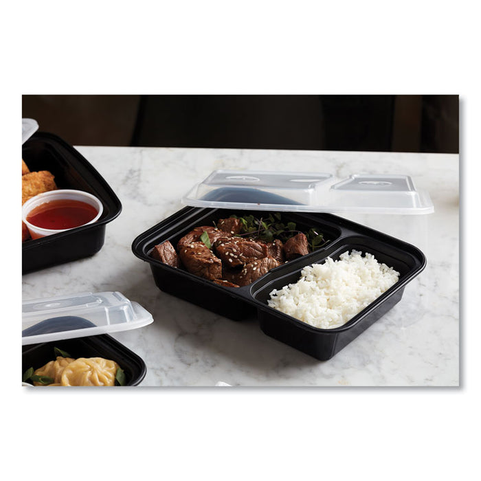 Newspring VERSAtainer Microwavable Containers, Rectangular, 2 Compartments, 30 oz, Black/Clear, Plastic, 150/Carton