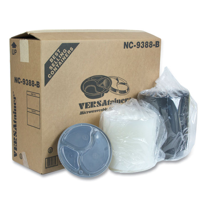 Newspring VERSAtainer Microwavable Containers, Round, 3 Compartment, 39 oz, 9.5 x 9.5 x 2.3, Black/Clear, Plastic, 150/Carton