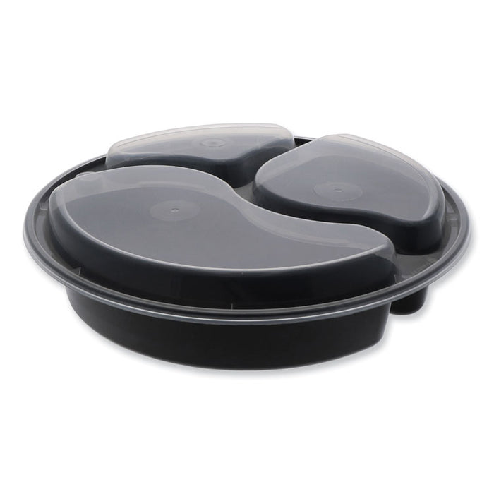 Newspring VERSAtainer Microwavable Containers, Round, 3 Compartment, 39 oz, 9.5 x 9.5 x 2.3, Black/Clear, Plastic, 150/Carton