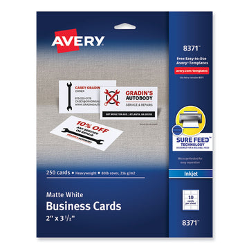 Printable Microperforated Business Cards with Sure Feed Technology, Inkjet, 2 x 3.5, White, 10/Sheet, 25 Sheets/Pack