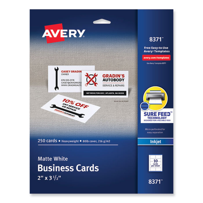 Printable Microperforated Business Cards with Sure Feed Technology, Inkjet, 2 x 3.5, White, 10/Sheet, 25 Sheets/Pack
