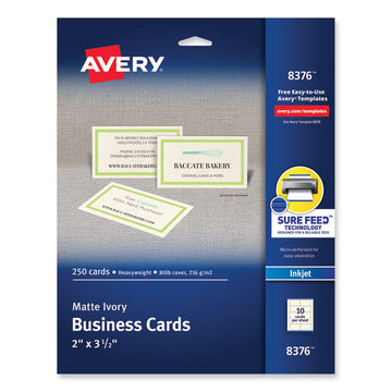 Printable Microperforated Business Cards with Sure Feed Technology, Inkjet, 2 x 3.5, Ivory, 10/Sheet, 25 Sheets/Pack