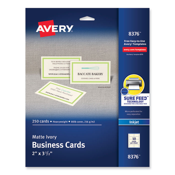 Printable Microperforated Business Cards with Sure Feed Technology, Inkjet, 2 x 3.5, Ivory, 10/Sheet, 25 Sheets/Pack