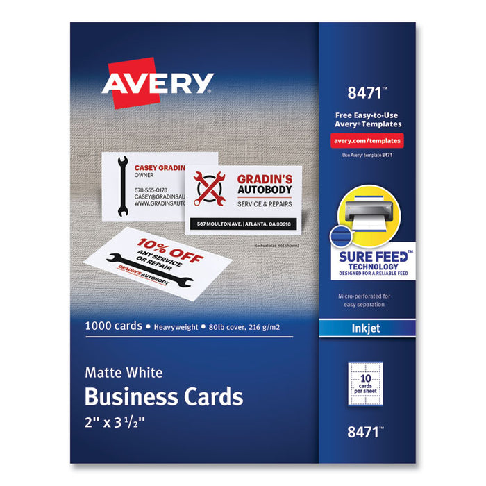 Printable Microperforated Business Cards with Sure Feed Technology, Inkjet, 2 x 3.5, White, 10/Sheet, 100 Sheets/Bx