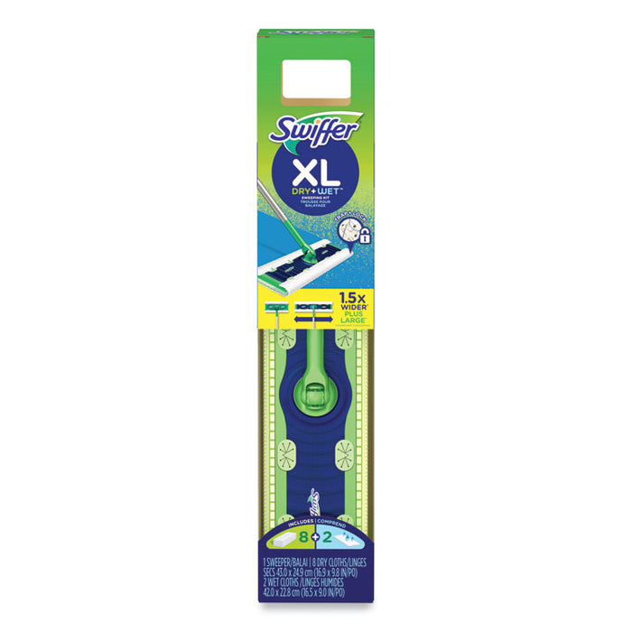 Sweeper Mop, XL Dry + Wet Sweeping Kit, 16.5 x 9 White Cloth Head, 46" Green/Silver Aluminum/Plastic Handle