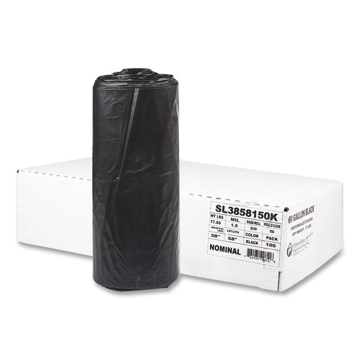 Low-Density Commercial Can Liners, 60 gal, 1.5 mil, 38" x 58", Black, Interleaved Roll, 20 Bags/Roll, 5 Rolls/Carton