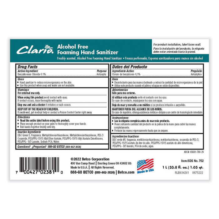 Clario Alcohol Free Foaming Hand Sanitizer, 1,000 mL Bag, Fresh Scent, 6/Carton