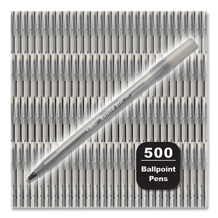 Round Stic Xtra Life Ballpoint Pen, Stick, Medium 1 mm, Black Ink, Translucent Black Barrel, 500/Pack