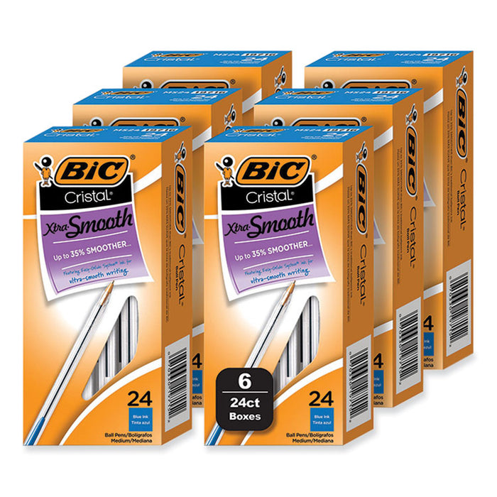 Cristal Xtra Smooth Ballpoint Pen, Stick, Medium 1 mm, Blue Ink, Clear Barrel, 144/Pack