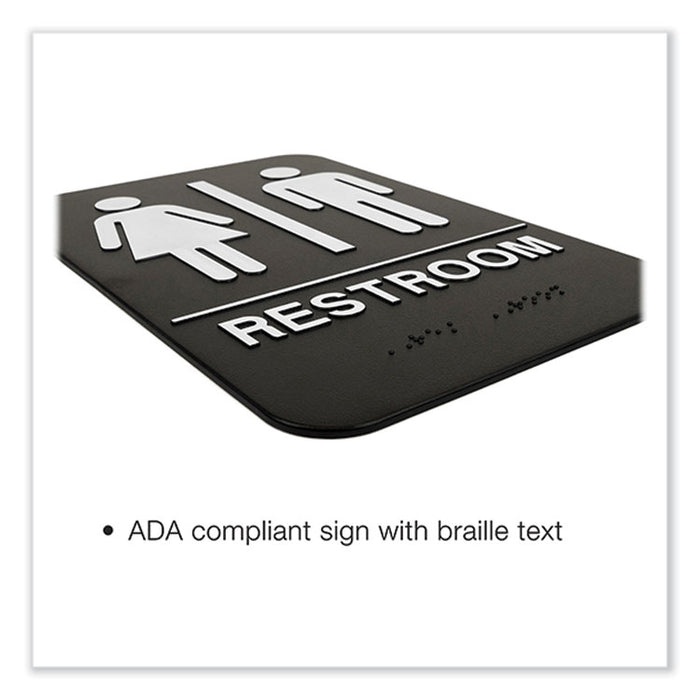 Indoor/Outdoor Restroom with Braille Text, 6 x 9, Black Face, White Graphics, 3/Pack