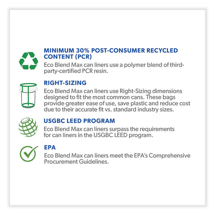 Eco Blend Max Can Liners, 33 gal, 0.8 mil, 33" x 39", Black, 25 Bags/Roll, 8 Rolls/Carton