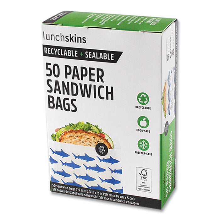 Peel and Seal Sandwich Bag with Closure Strip, 6.3" x 2" x 7.9", Blue Sharks/White, 50/Box