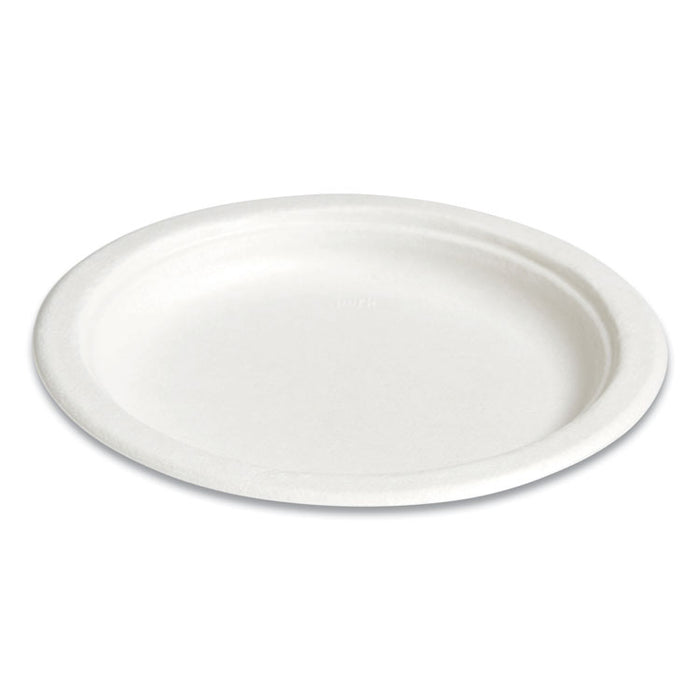 PFAS-Free Compostable Bagasse Plates, Sugarcane, 6" dia, White, 250/Pack