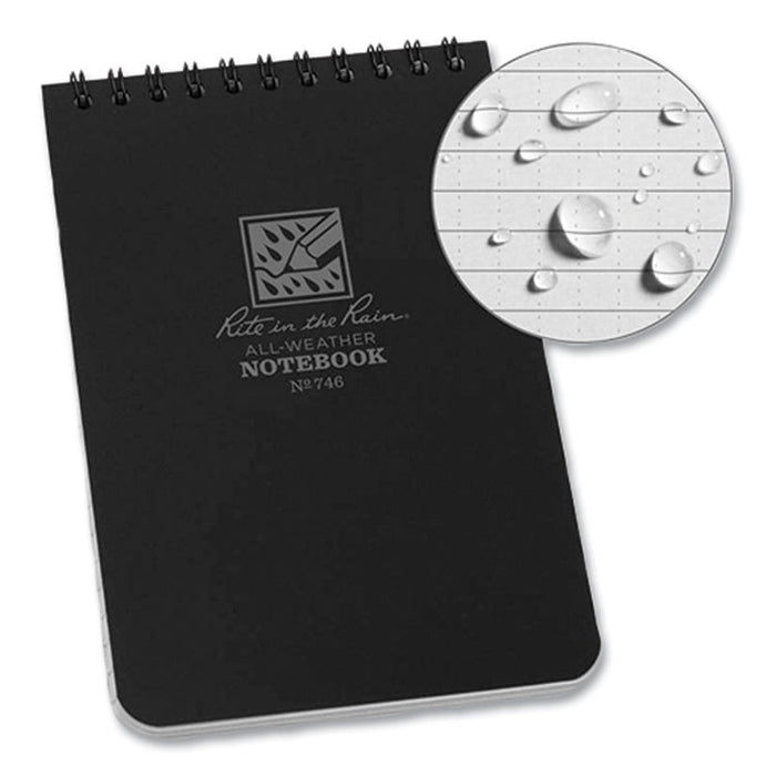 All-Weather Wire-O Notepad, Black Cover, Universal: Narrow Rule and Quadrille Rule (4 sq/in), (50) White 4 x 6 Sheets