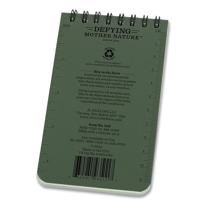 All-Weather Wire-O Notepad, Dark Green Cover, Universal: Narrow Rule and Quadrille Rule (4 sq/in), (50) White 3 x 5 Sheets