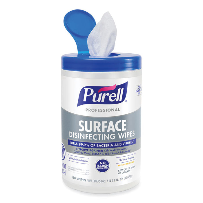 Professional Surface Disinfecting Wipes, 1-Ply, 7 x 8, Fresh Citrus, White, 110/Canister, 6 Canisters/Carton