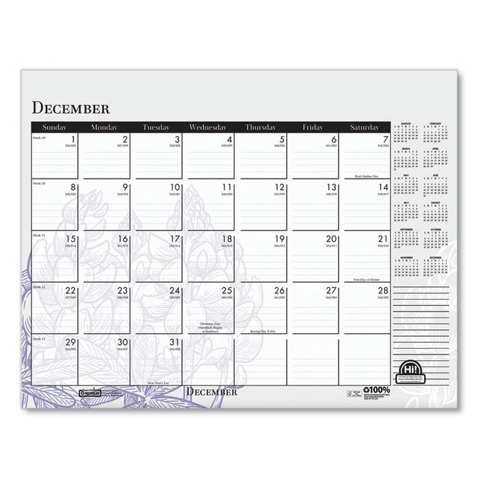 Recycled Desk Pad Calendar, Wild Flowers Artwork, 22 x 17, White Sheets, Black Binding/Corners,12-Month (Jan-Dec): 2026