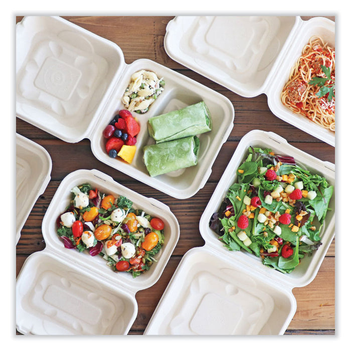 Fiber Hinged Takeout Containers, 3-Compartment, 9.3 x 9 x 3.3, Natural, Paper, 300/Carton