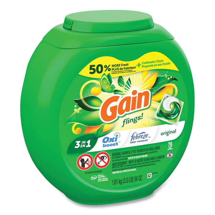 Flings Detergent Pods, Gain Original Scent, 76 Pods/Tub, 4 Tubs/Carton