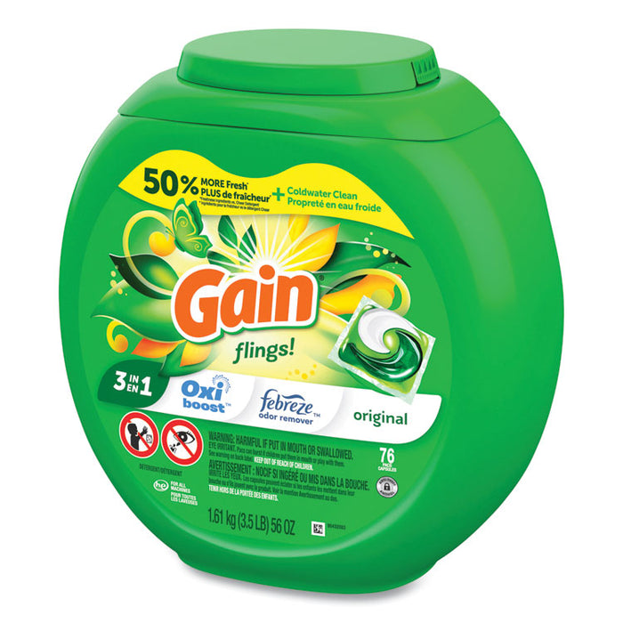 Flings Detergent Pods, Gain Original Scent, 76 Pods/Tub, 4 Tubs/Carton