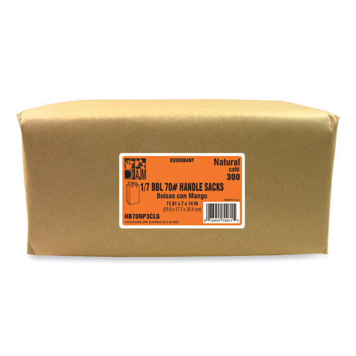 Handle Bag, 1/7 BBL Size, 70# Basis Weight, Flat Handles, 12" x 7" x 14", Kraft, 300/Bundle