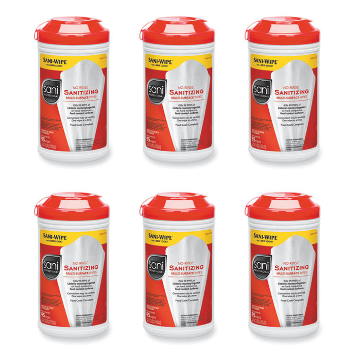 No-Rinse Sanitizing Multi-Surface Wipes, Unscented, White, 95/Container, 6/Carton