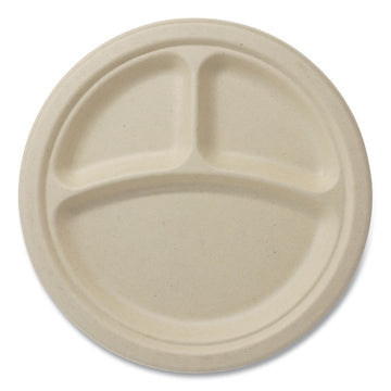 Fiber Plates, 3-Compartment, Paper, 9" dia, Natural, 1,000/Carton