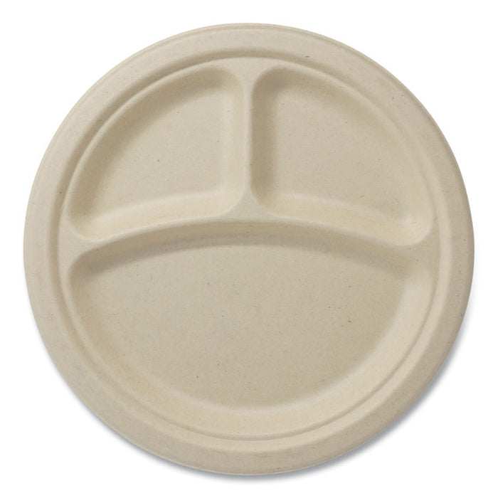 Fiber Plates, 3-Compartment, Paper, 9" dia, Natural, 1,000/Carton
