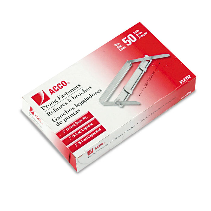 Standard Two-Piece Two-Prong Paper Fastener Base and Compressor Sets, 2" Capacity, 2.75" Center to Center, Silver, 50/Box