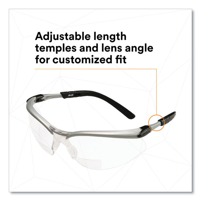BX Molded-In Diopter Safety Glasses, 2.5+ Diopter, Silver/Black Half Frame, Clear Dual Lens