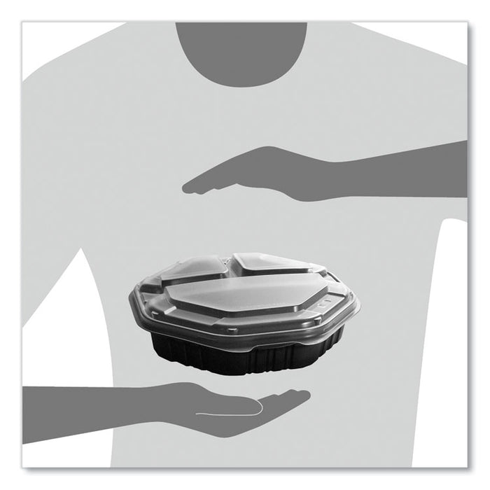 OctaView Hinged-Lid Hot Food Containers, 3 Compartments, 38 oz, 9.55 x 9.1 x 2.4, Black/Clear, Plastic, 100/Carton