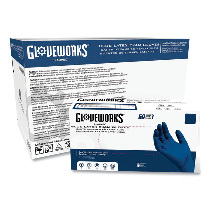 Latex Exam Gloves, Powder-Free, Medium, 13 mil Thick, 11.6" Long, Blue, 50/Box, 10 Boxes/Carton