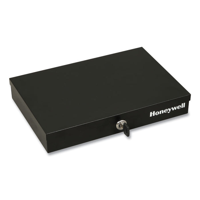 Low Profile Cash Box, 6 Compartments, Key Lock, 11.6" x 8" x 1.9", Black