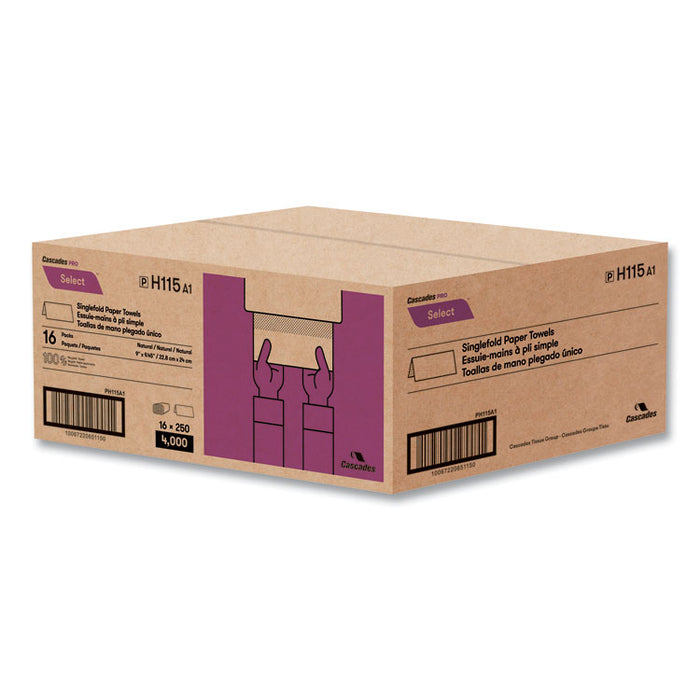 Select Folded Paper Towels, Single-Fold, 1-Ply, 9 x 9.45, Natural Brown, 250/Pack, 16 Packs/Carton