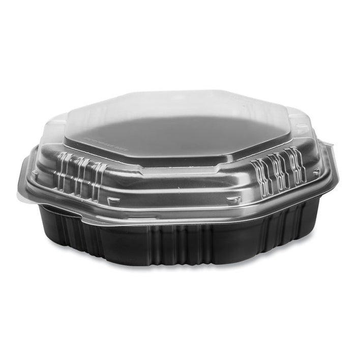 OctaView Hinged-Lid Hot Food Containers, 31 oz, 9.55 x 9.1 x 3, Black/Clear, Plastic, 100/Carton