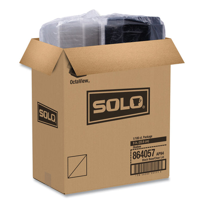 OctaView Hinged-Lid Cold Food Containers, 9.2 x 9.6 x 2, Black/Clear, Plastic, 100/Carton