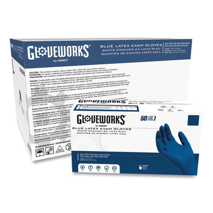 Latex Exam Gloves, Powder-Free, X-Large, 13 mil Thick, 11.6" Long, Blue, 50/Box, 10 Boxes/Carton