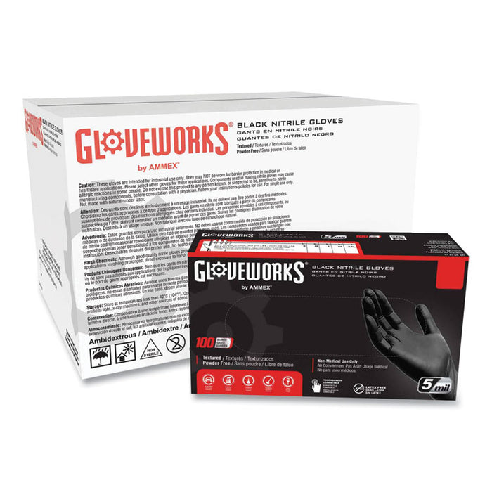 Industrial Nitrile Gloves, Powder-Free, Large, 5 mil Thick, 9.5" Long, Black, 100/Box, 10 Boxes/Carton
